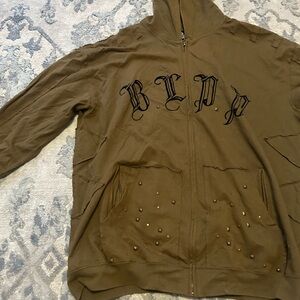 Brown Zip-Up Hoodie with Studded Pockets